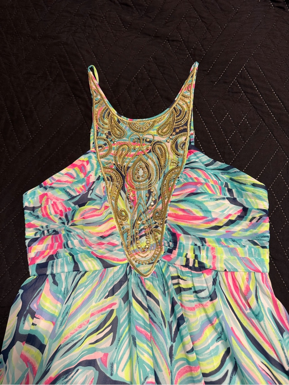 Lilly Pulitzer Teal Maxi Dress with Pink & Lime Leaf Print - Picture 3 of 4